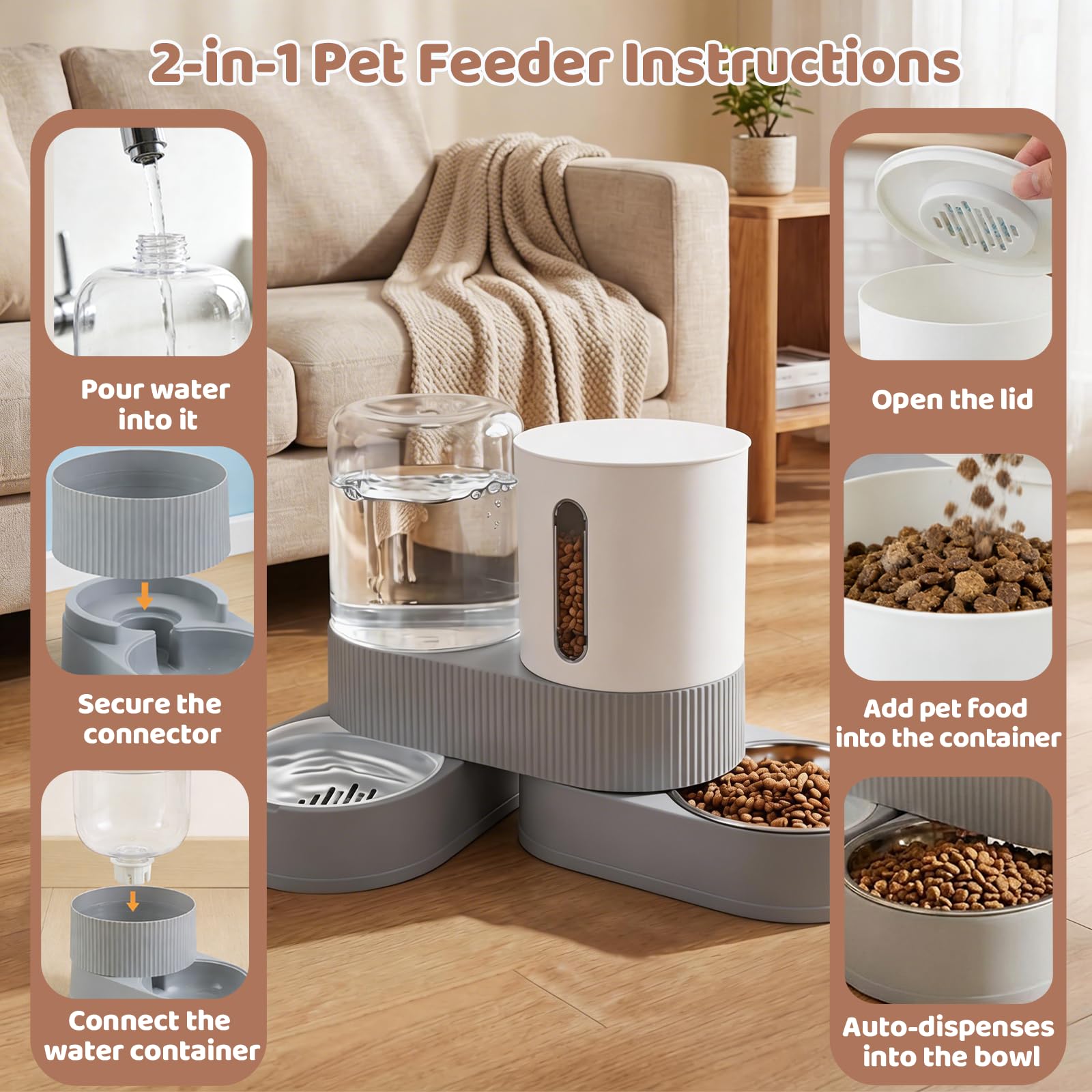 Gravity Cat Feeder 2 Pack Automatic Food Feeder and Water Dispenser Set Detachable Pet Bow