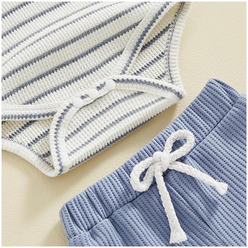 Bébé Garçon Vêtements d'été Bouton manches courtes Romper Bodysuit Short Set Infant Soft Waffle