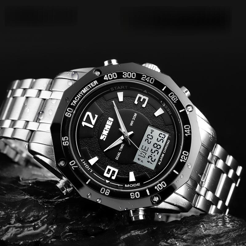 Double affichage Multi-fonctions Business Steel-band Digital Watch