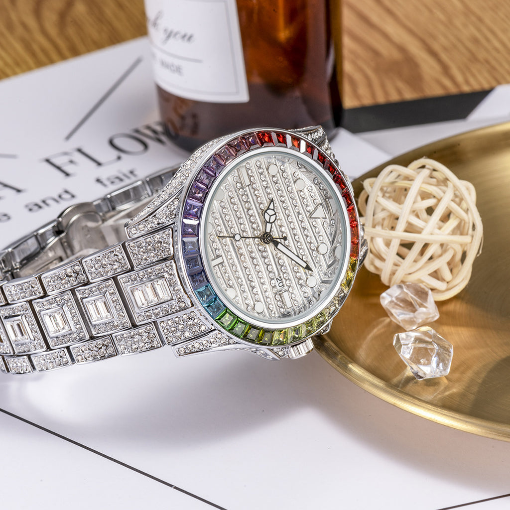 Fashion haut de gamme Gradient Rainbow Diamond Imperméable Montre Quartz Homme