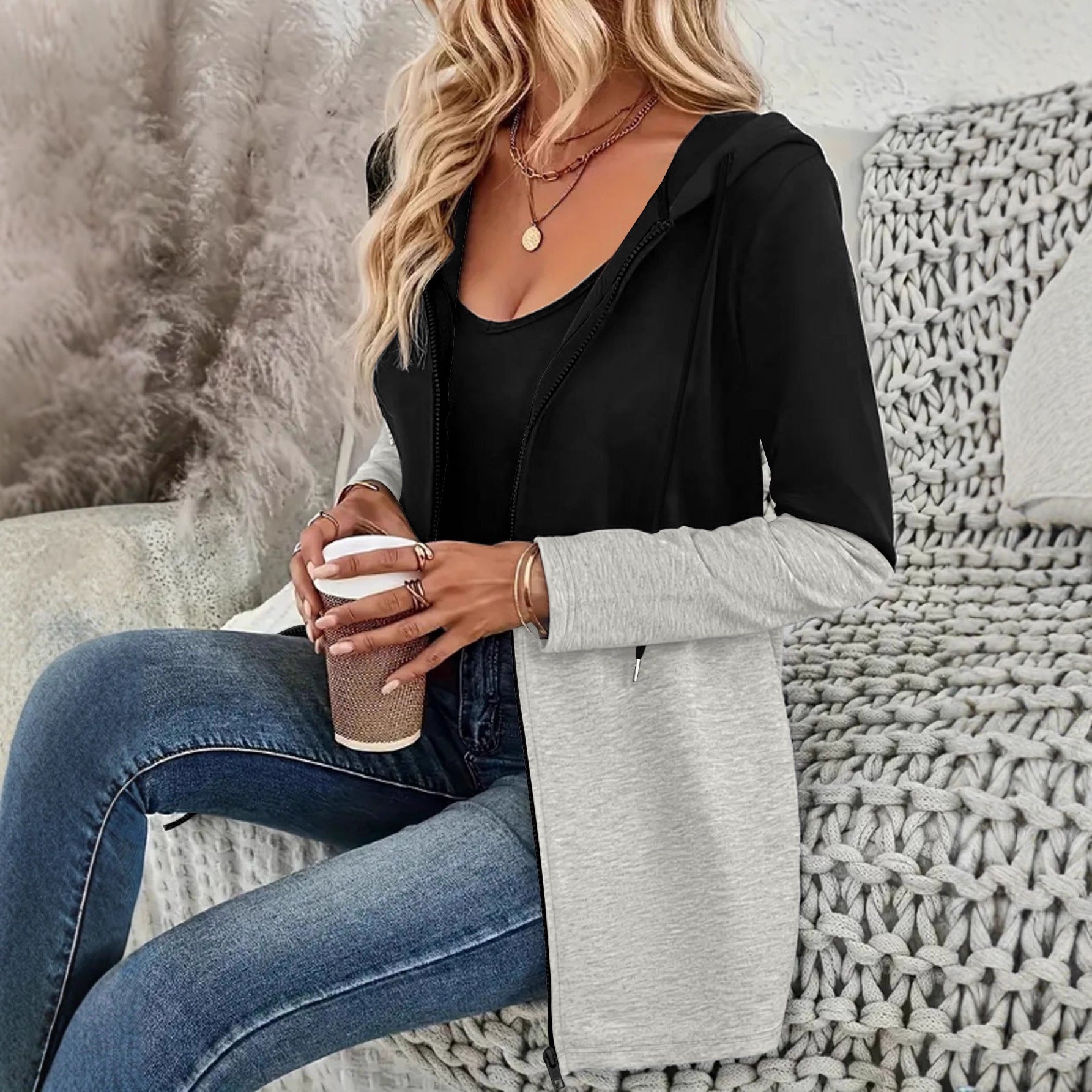 Femmes Couleur Block Zip Up Cardigan à capuche Longue Manches Drawstring Casual Mid Longueur Veste W