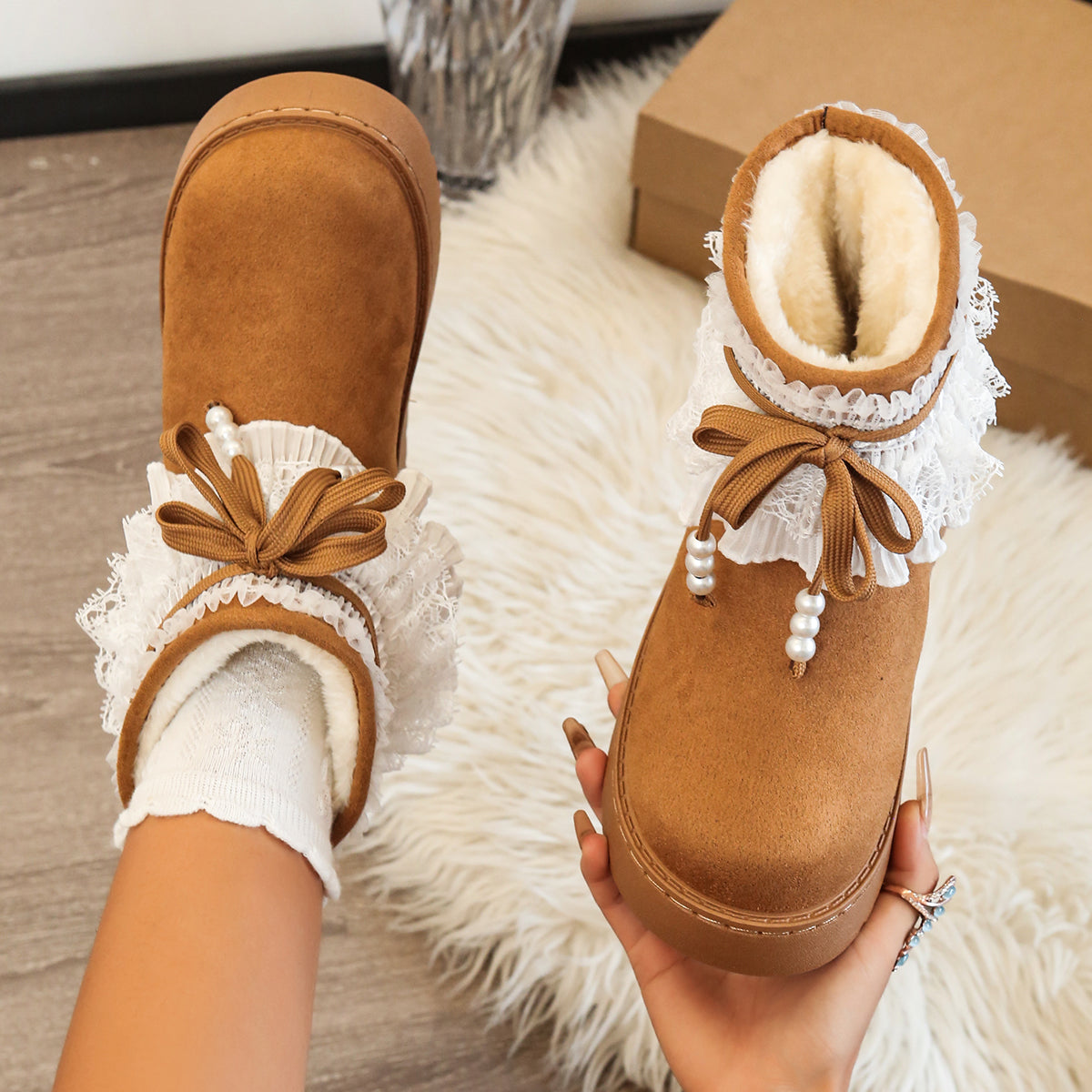 Lace Trim Bow Platform Bottes de neige Femmes Hiver douce polaire doublé épais coton chaud Bo
