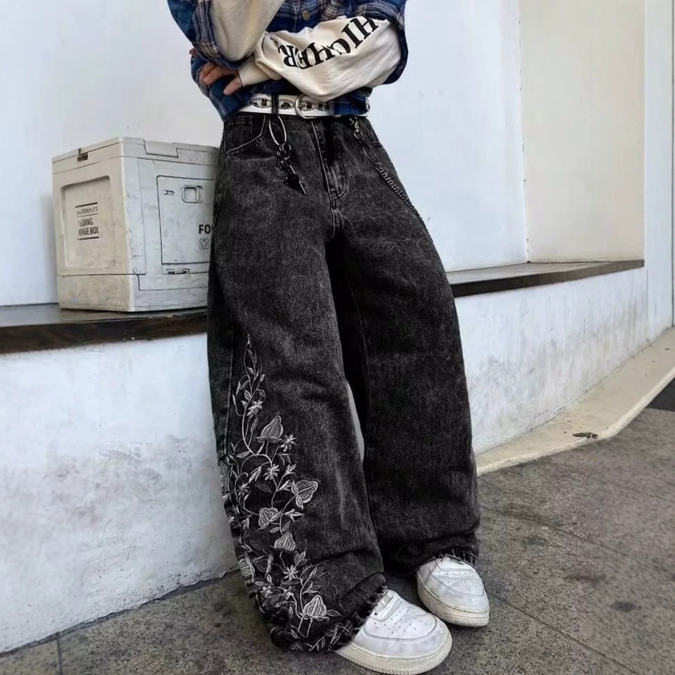 Pantalons de denim à jambes larges brodés à haute hauteur