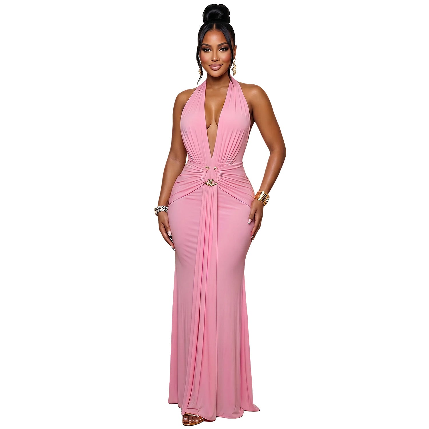 Robe de soirée pour femmes Halter Deep V Ruffled Sirène