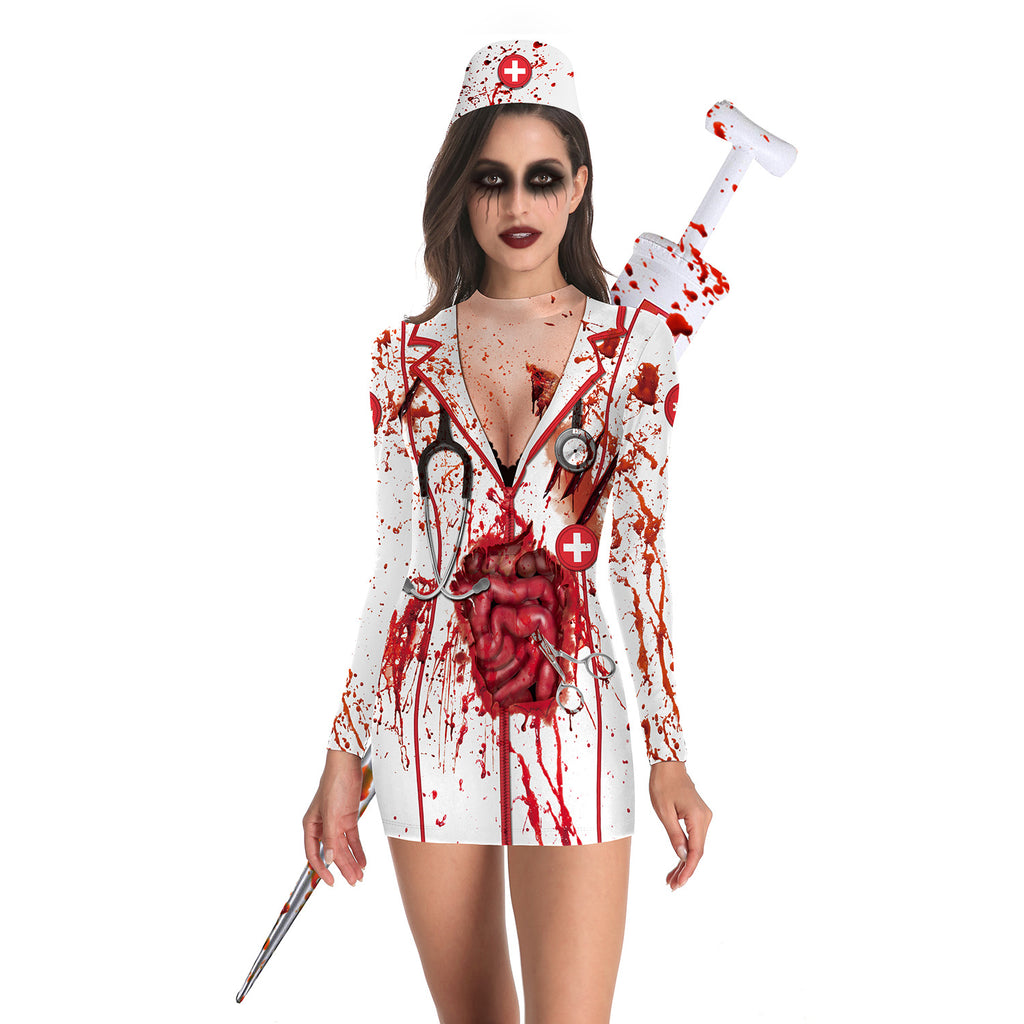 European And American Halloween Infirmière Zombie ronde Col mince manches longues robe