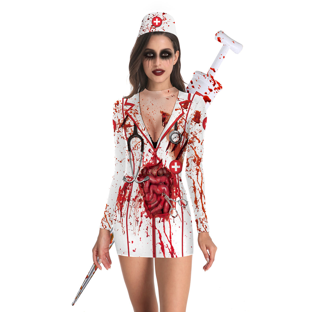 European And American Halloween Infirmière Zombie ronde Col mince manches longues robe