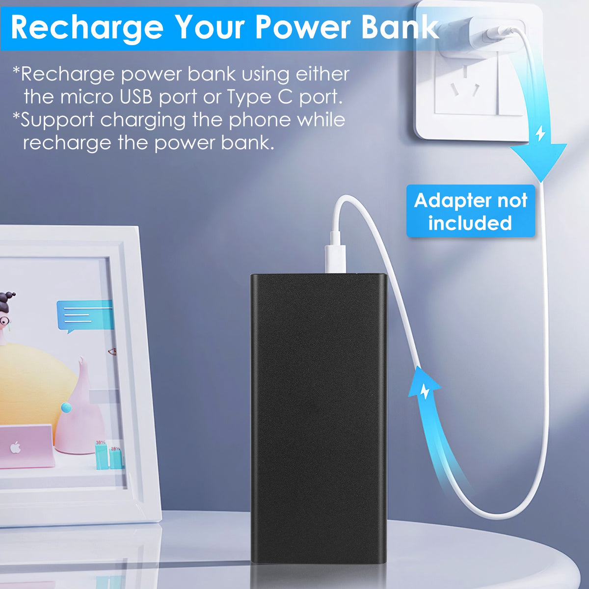 1Pc 20000mAh Power Bank Portable External Battery Charger with Dual USB Output