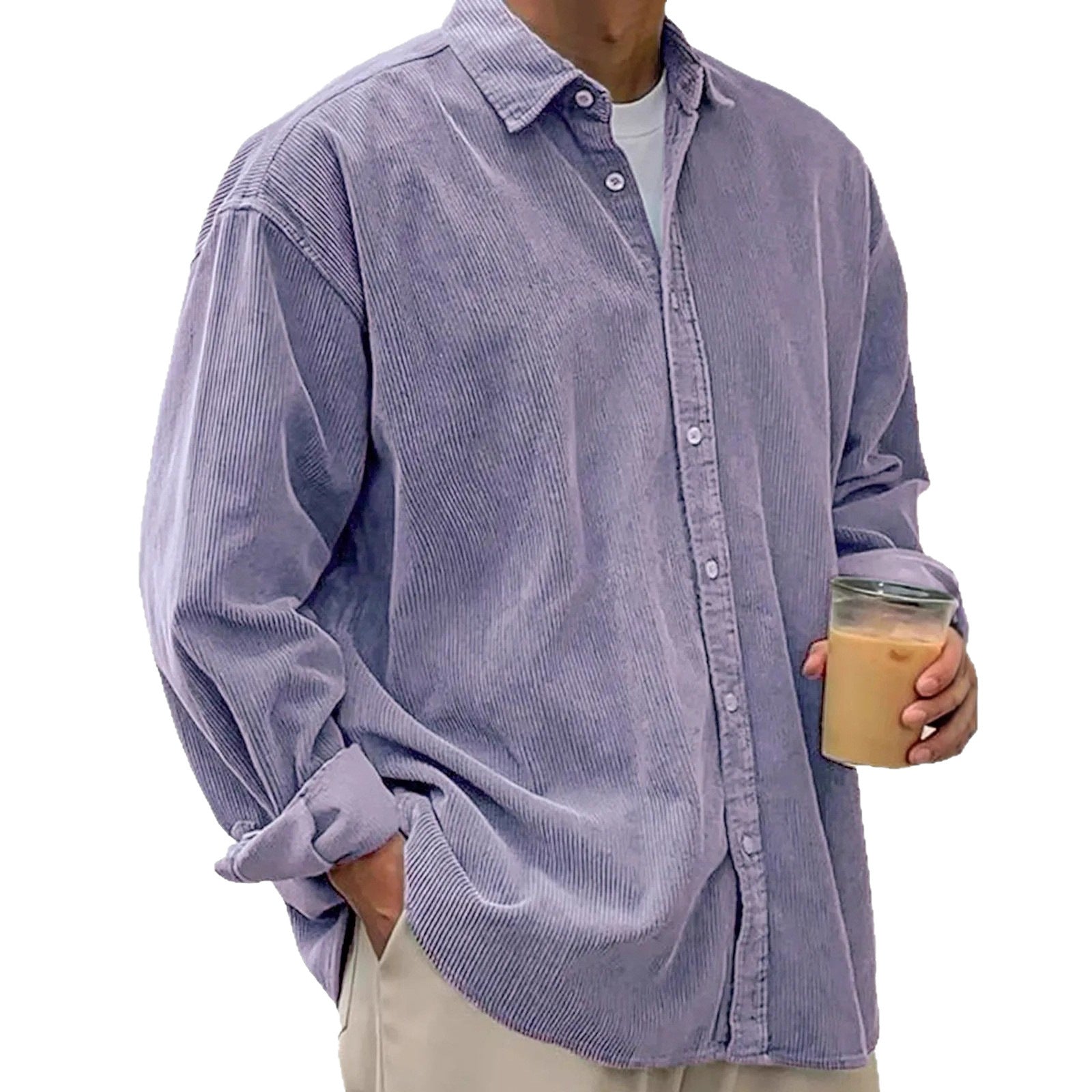 European And American Men's Casual Loose Solid Color Corduroy Lapel Shirt Indépendant Site