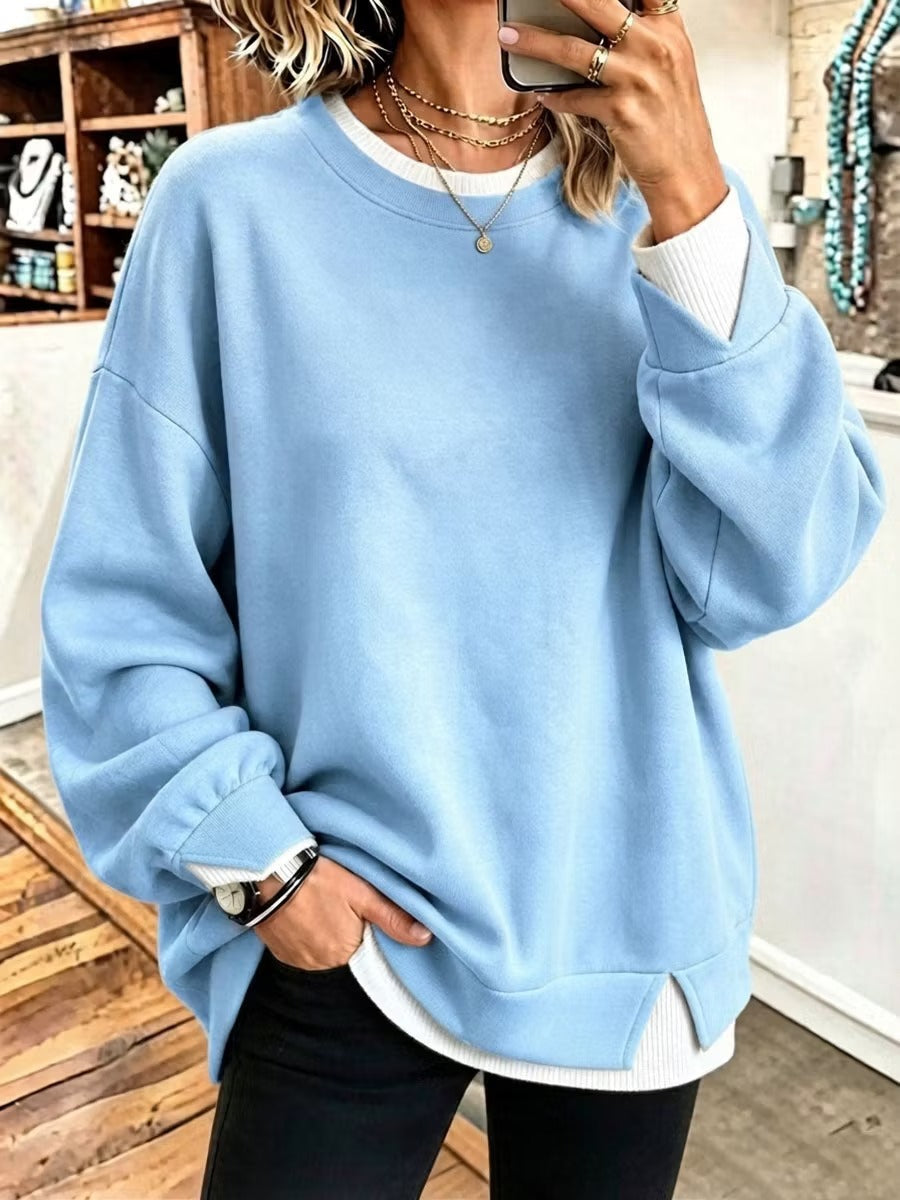 Col rond Patchwork à manches longues Pullover Sweatshirt de couleur unie