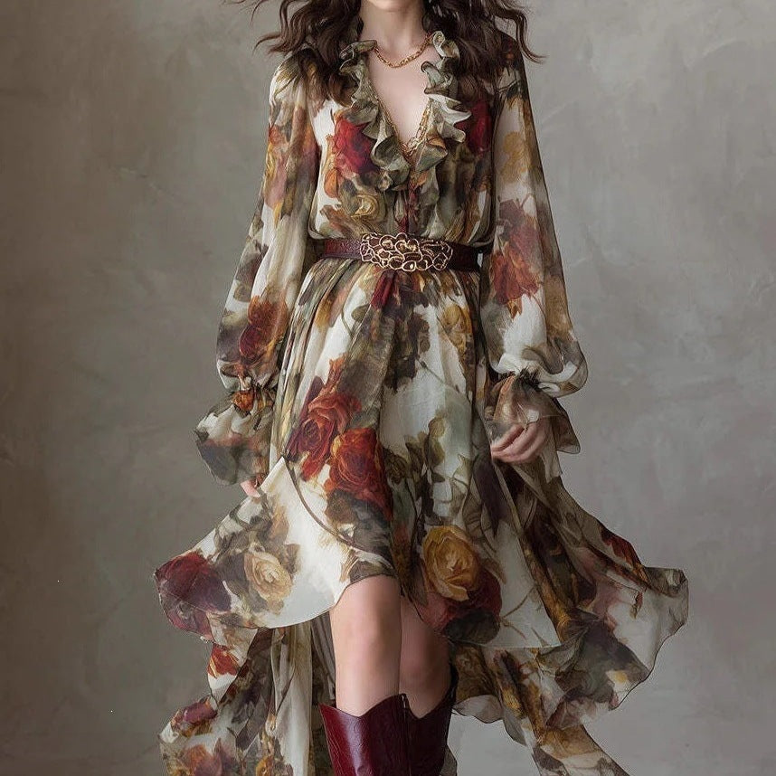 Robe asymétrique à manches longues à col V volant imprimé