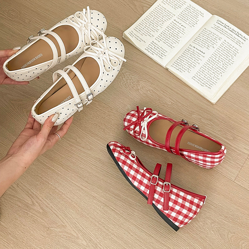 Femmes Sweet Preppy Deux Strap Mini Bow Mary Jane Flat Shoes Matching Daily