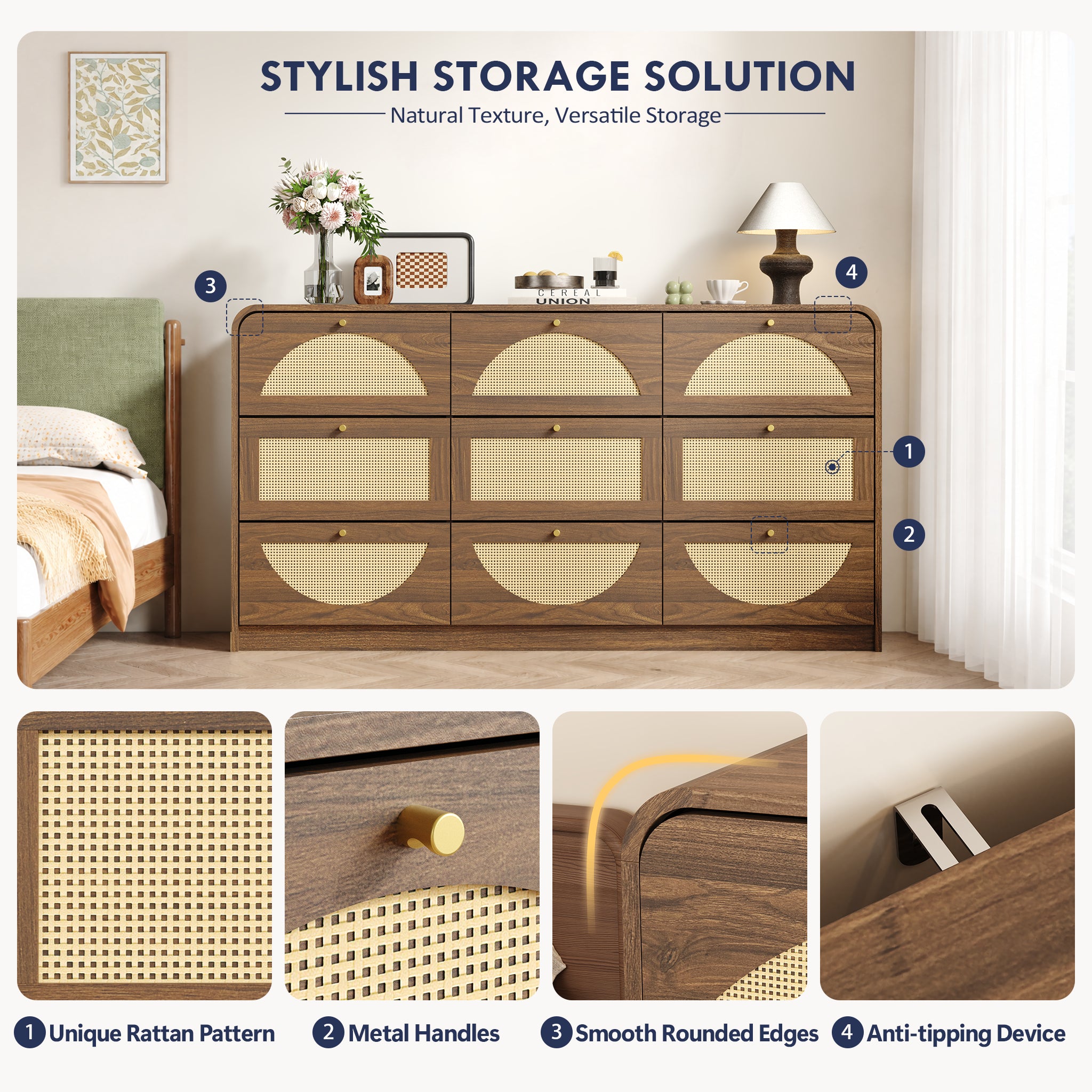 Finition de noix Dressing 9-Drawer avec Rattan Front