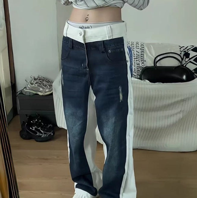 Hommes style américain Lavé bleu et blanc patchwork Denim Jeans