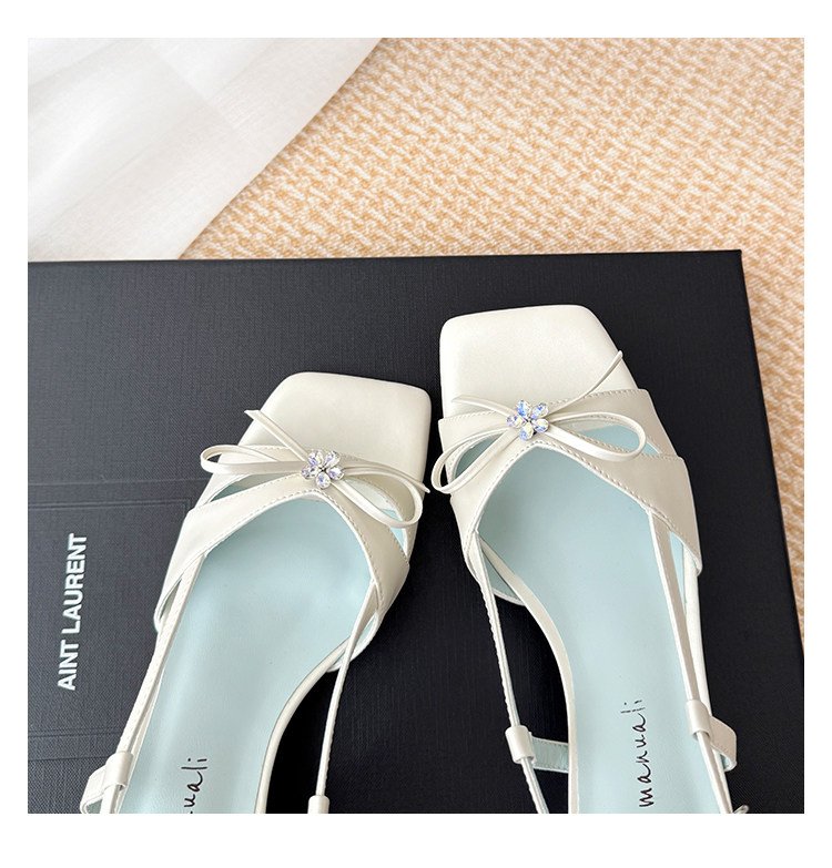 Femme Été Mode Française Versatile OneStrap Strass Bow SquareToe OpenToe Elegant