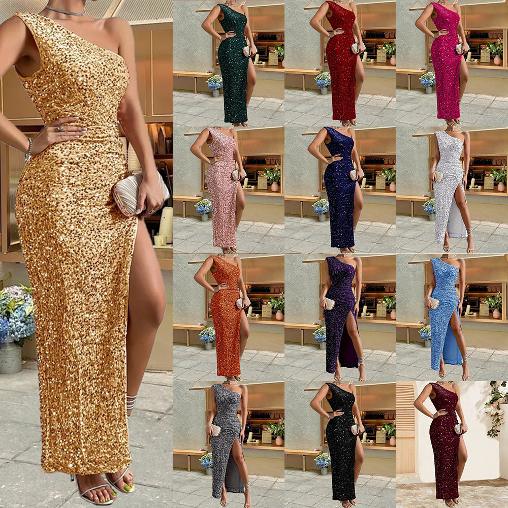 Élégant Épaule à paillettes Split Robe Solide Couleur Slim Club Robe de fête Casual Asymétrique