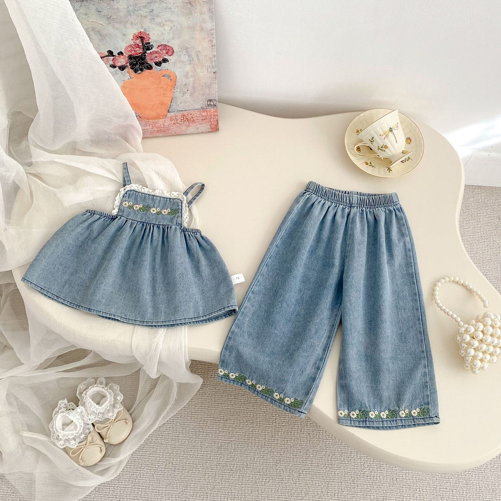 Camisole brodée et pantalons à large jambe Ensemble deux pièces pour filles