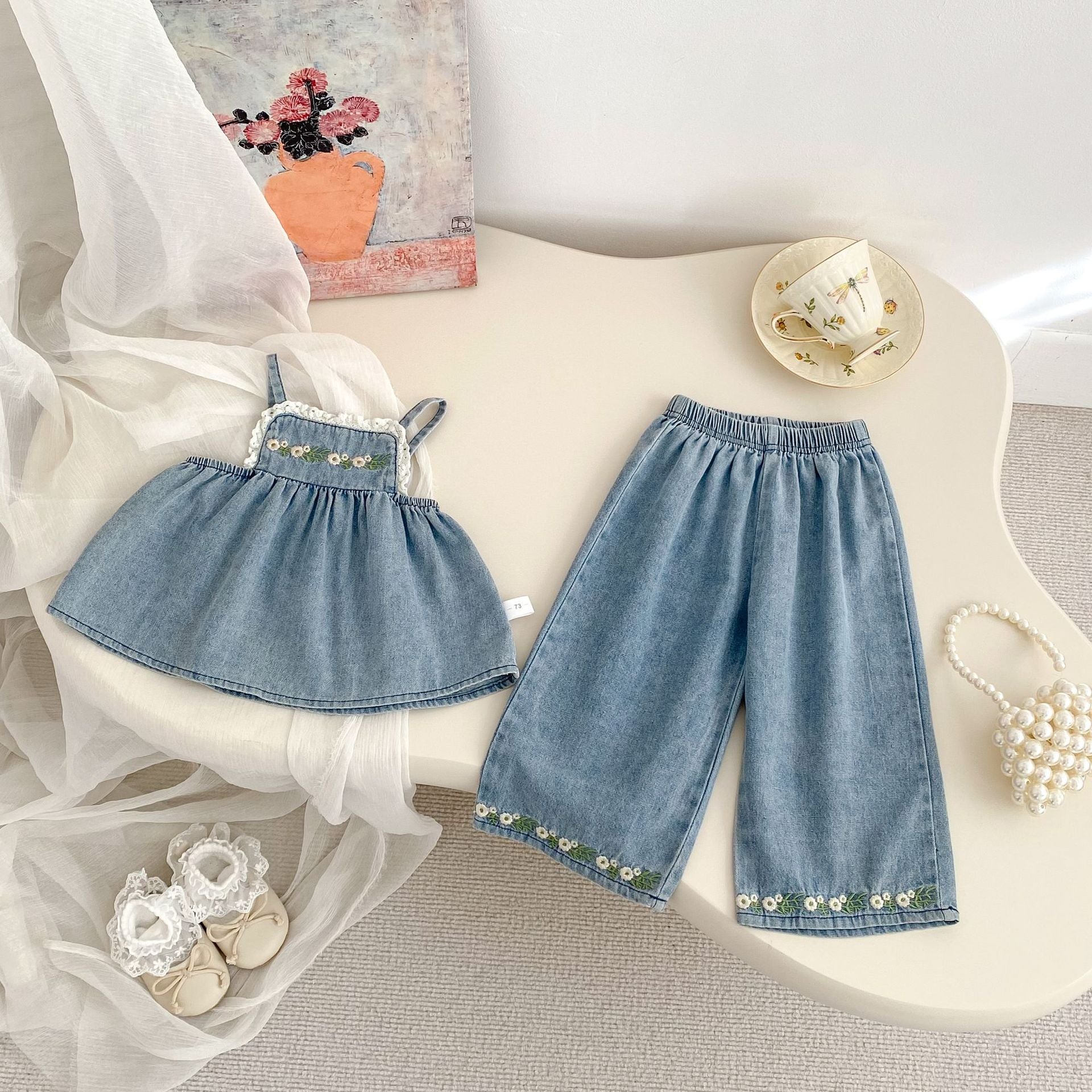 Camisole brodée et pantalons à large jambe Ensemble deux pièces pour filles