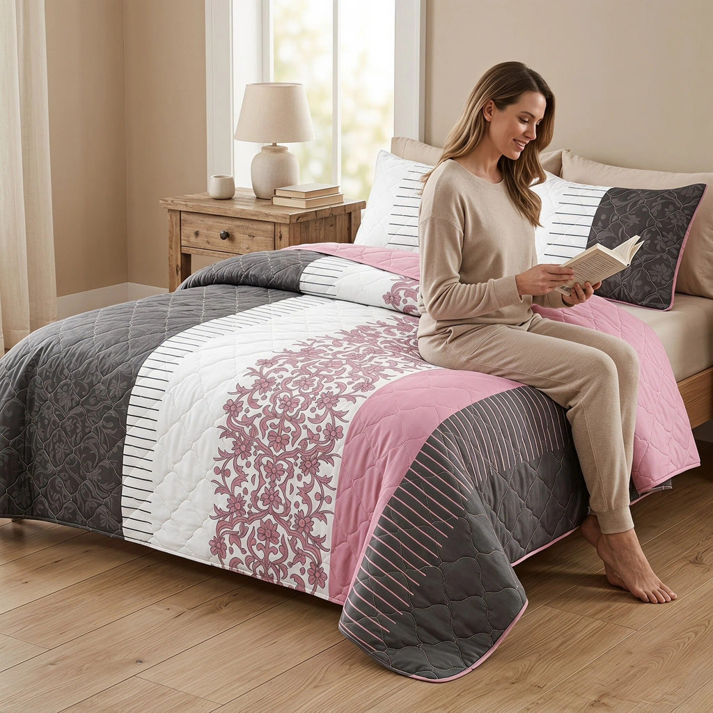 3-Piece noir blanc et rose Floral couvre-lit matelassé pour le roi de Californie