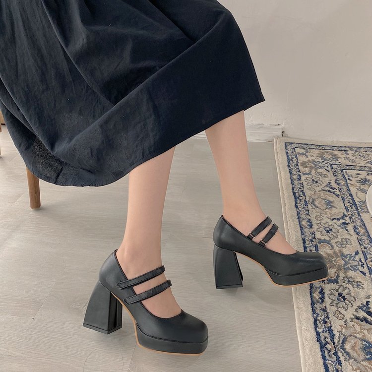 Femmes Double Strap Mary Jane Pompes Rond Toe Platform Block Talon PU Robe Chaussures