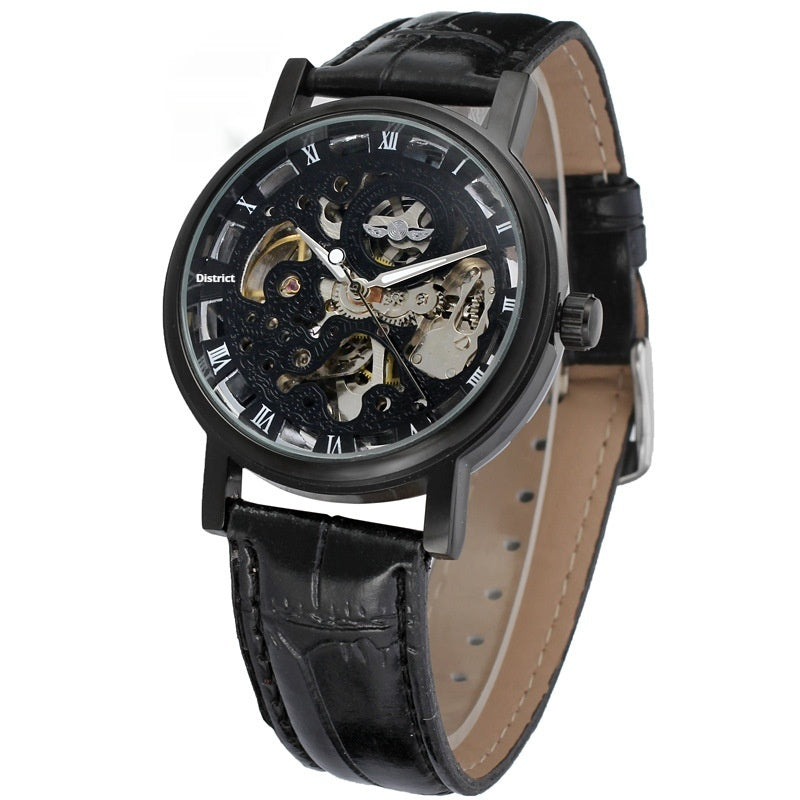 Lauréat Round Hollow Transparent Montre en acier mécanique