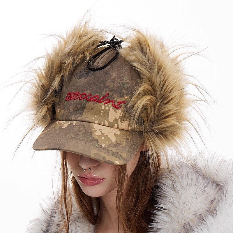 Camouflage Retro Broded Earflap Fur Casquette de baseball