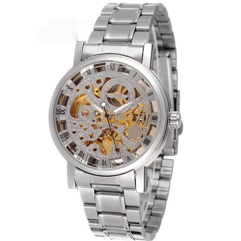 Lauréat Round Hollow Transparent Montre en acier mécanique