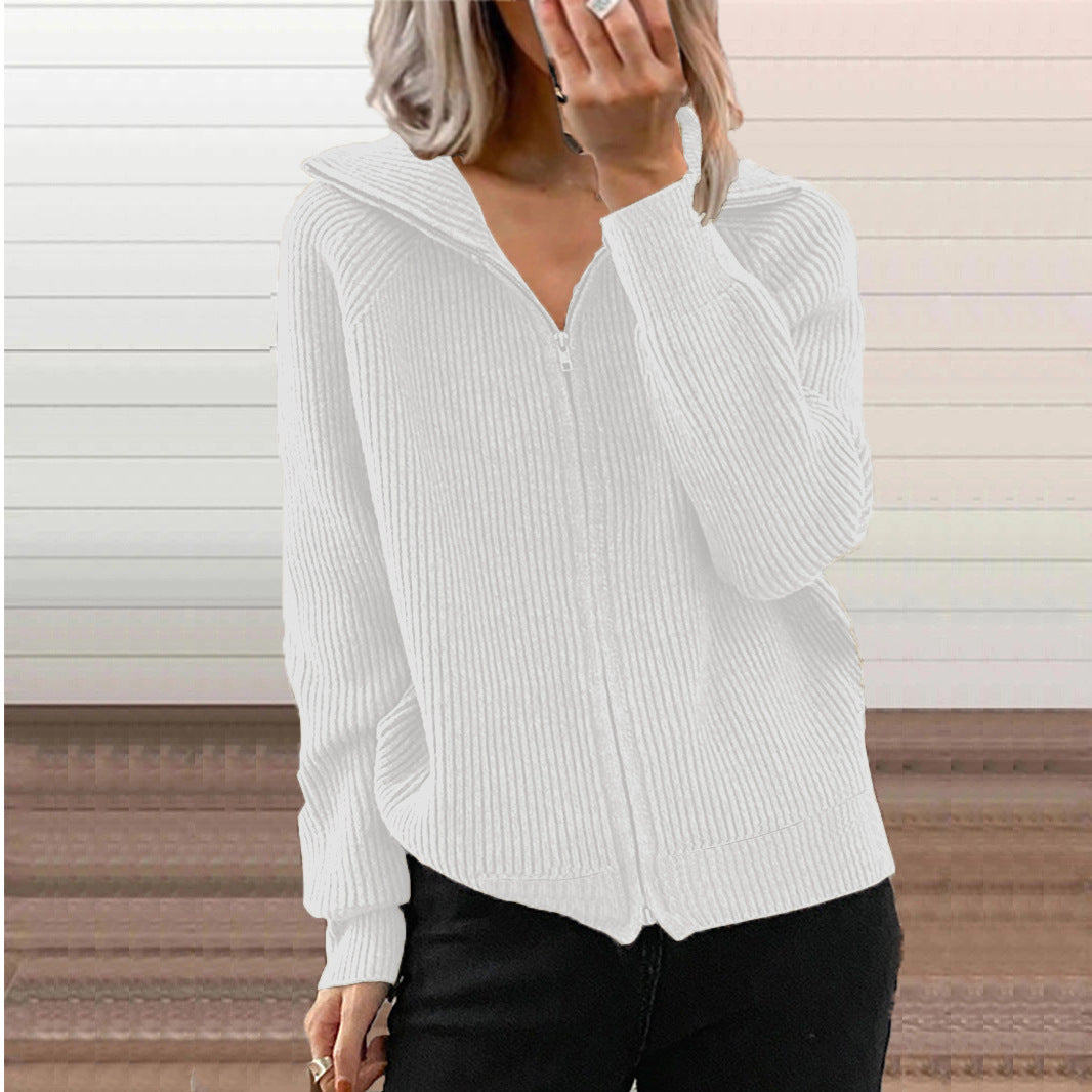 Femmes côtelé tricot Zip Up Cardigan Sweater Lapel Collar Long Sleeve Veste casual avec pock