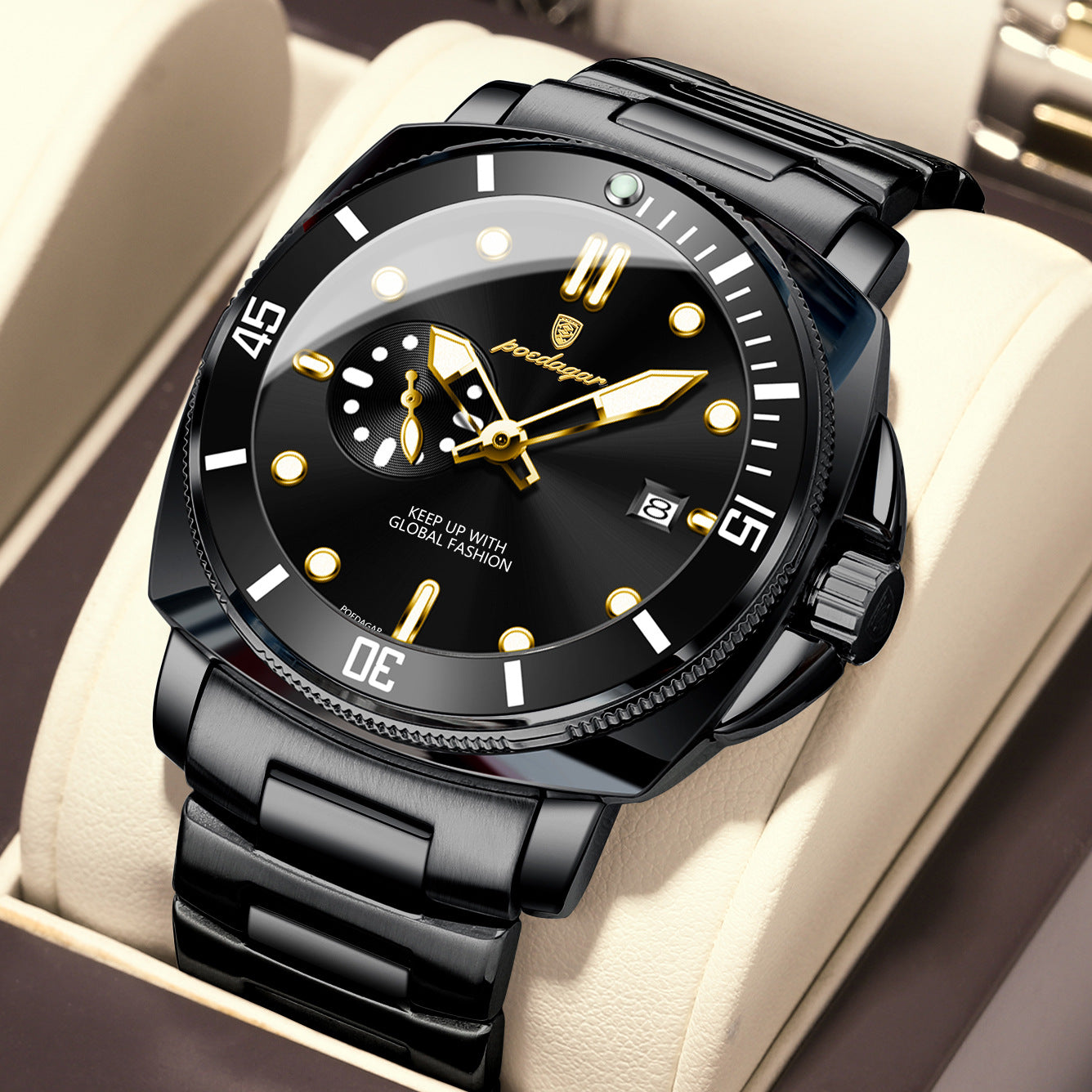Homme Bande d'acier étanche Montre à quartz lumineux élégant
