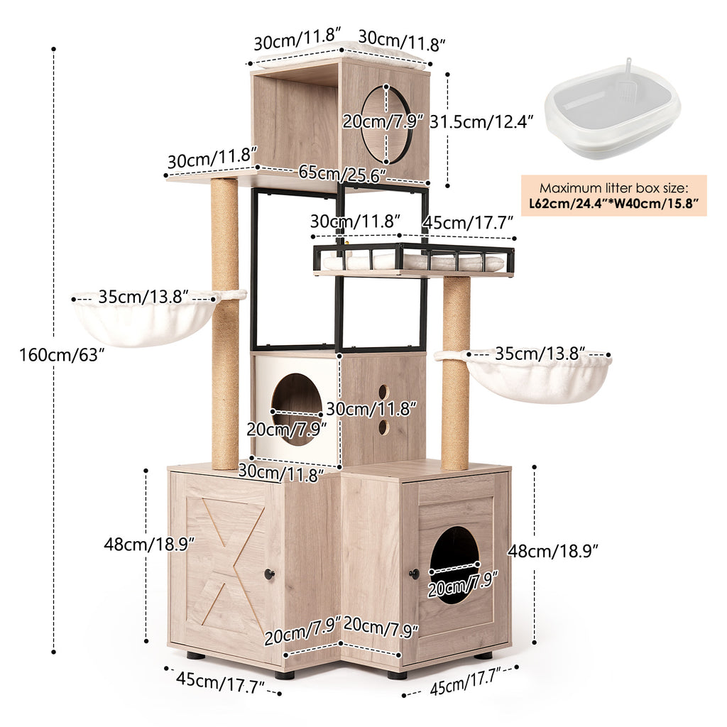 Arbre à chat multifonctionnel de 63" avec boîte à litière - Comprend un coussin lavable amovible