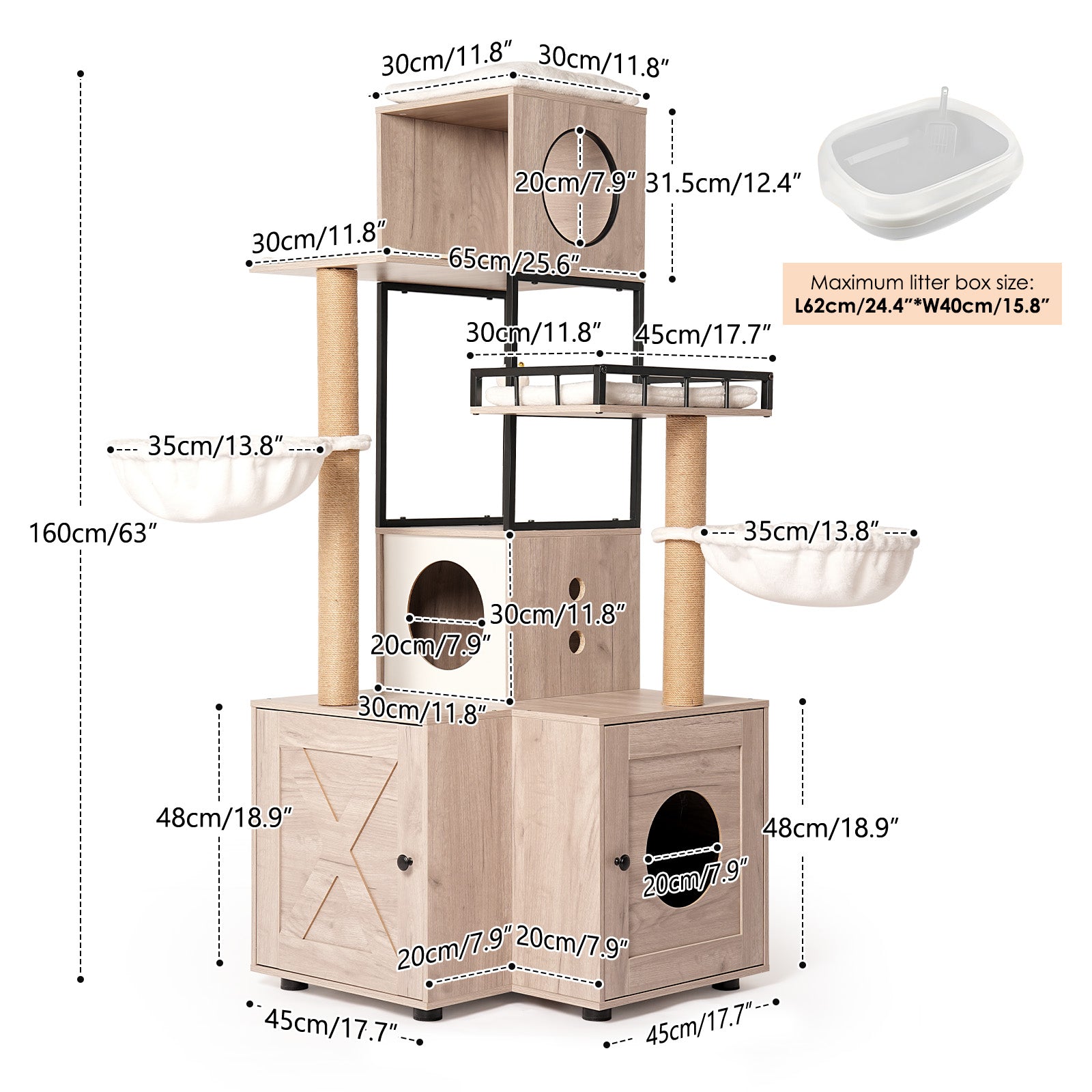 Arbre à chat multifonctionnel de 63" avec boîte à litière - Comprend un coussin lavable amovible