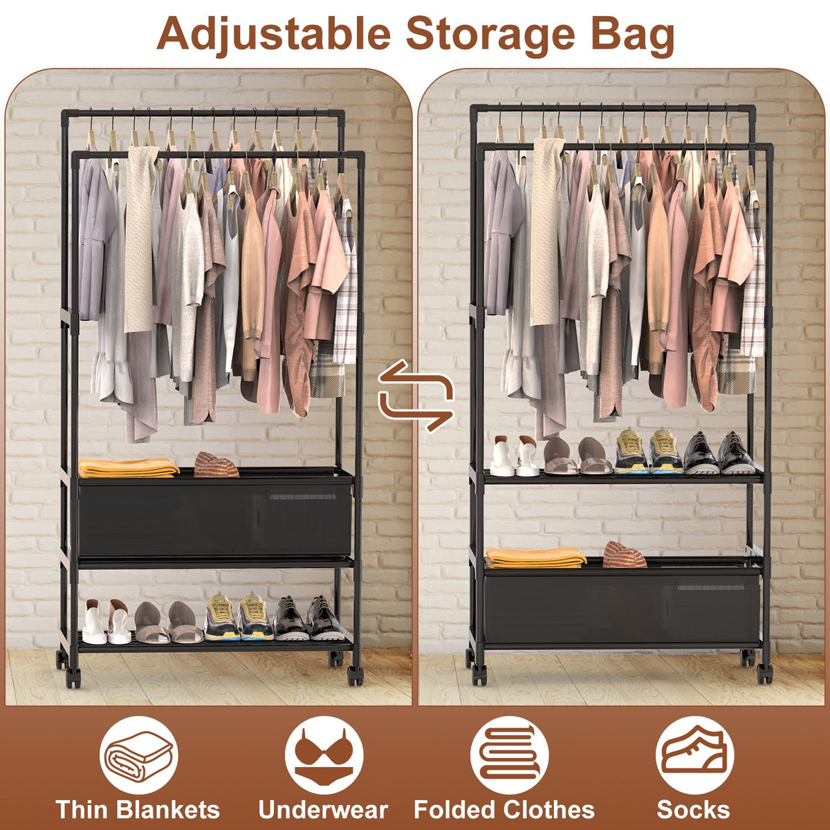 1Pc Double Rods Garment rack avec sac de rangement Portable rack de vêtements avec étagères verrouillables