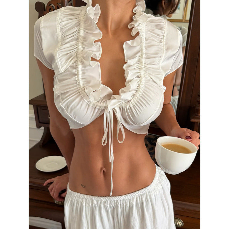T-shirt en dentelle sexy à manches courtes pour femmes