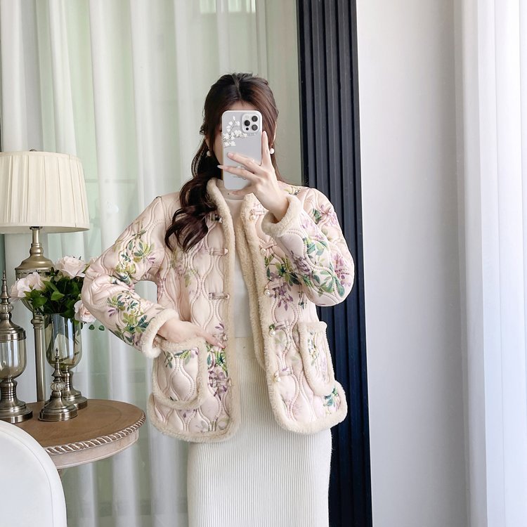 Femmes Retro Grenouille-Button Floral Velvet-Line de coton rembourré