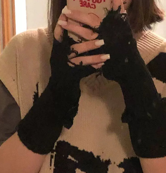 1paire Black Tattered Punk Unisex Gants sans doigts Cuff Knit Gants