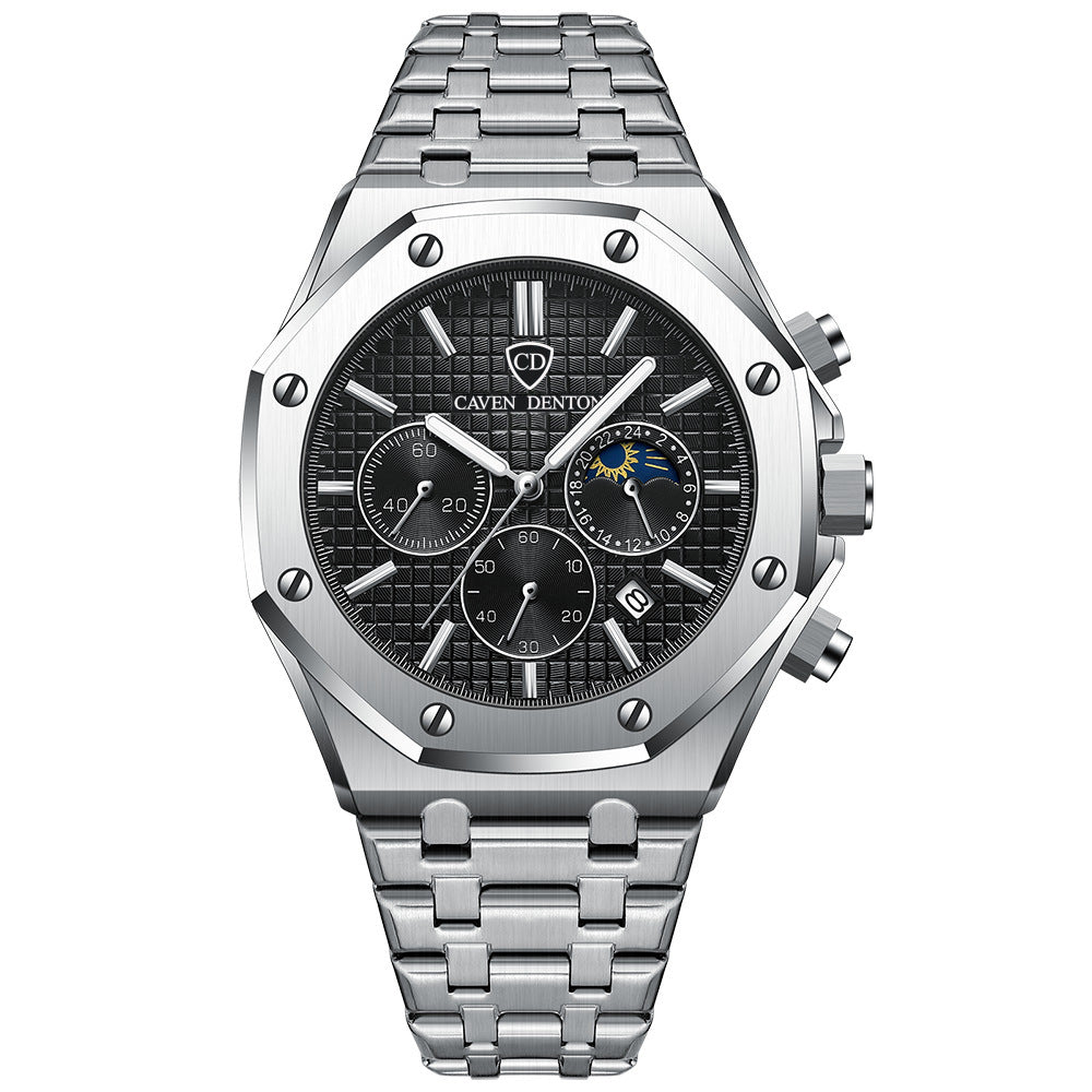 Waterproof Three-Eye Six-Needle Multifunctional Moon Phase Steel Men's S