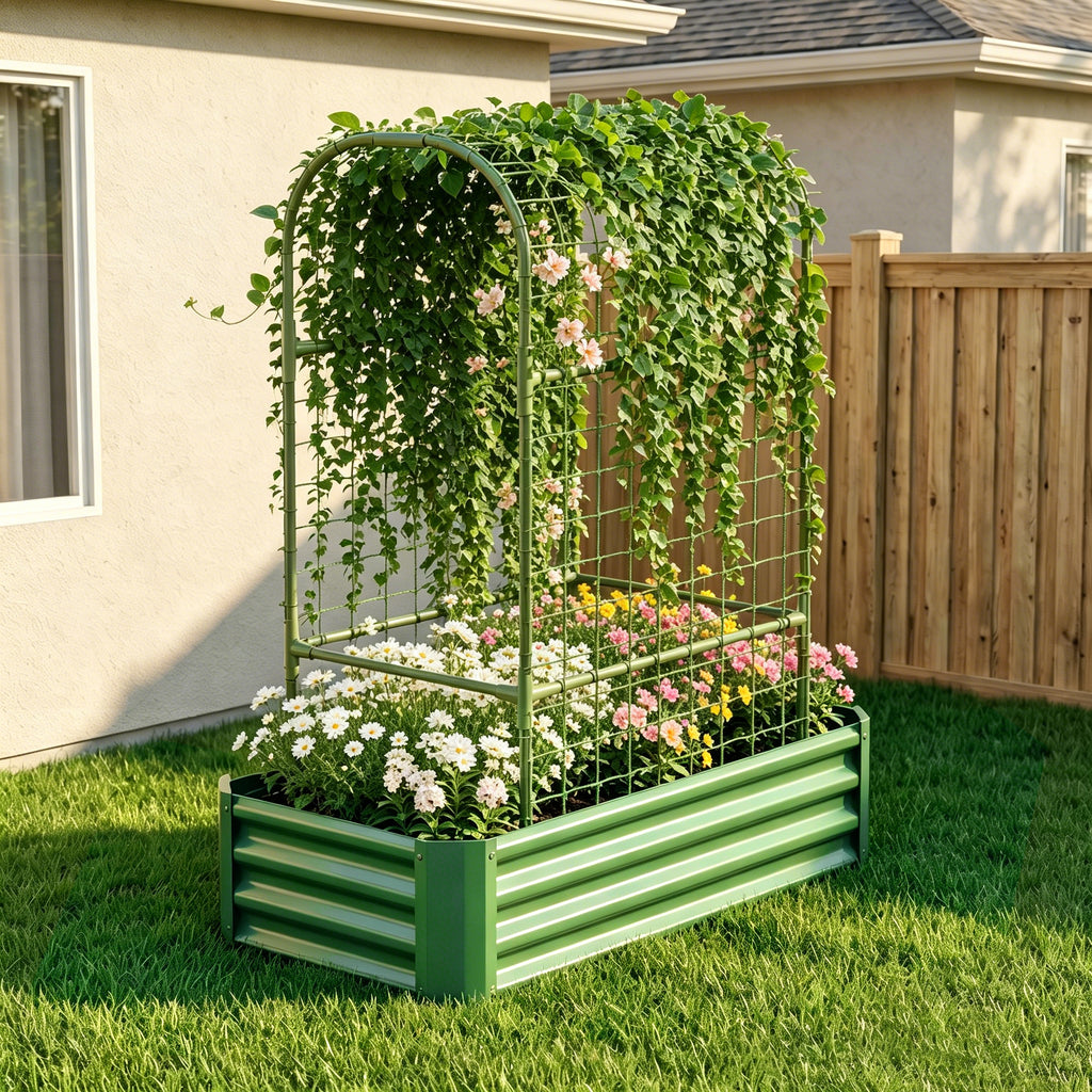 2-en-1 Lit de jardin surélevé avec Trellis - Boîte de 59" pour plantes d'escalade