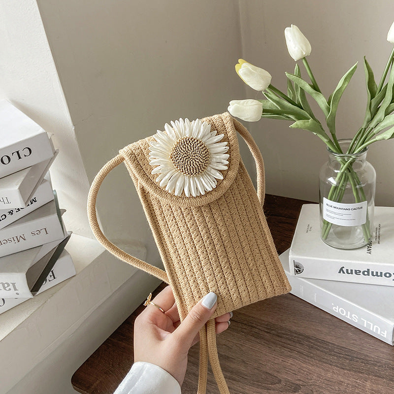 Été Cotton Rope Woven Phone Bag avec le design floral mono-épaule style