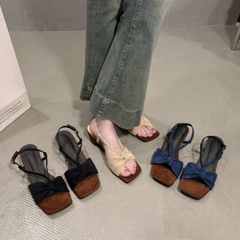 Femmes Retro Western bi-ton de couleur bloc Suede Wedge Sandales correspondant Casual Daily