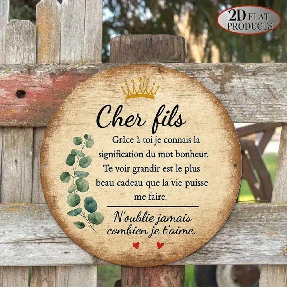 Cher fils Français rond aluminium panneau 8x8in Vintage Wall Art