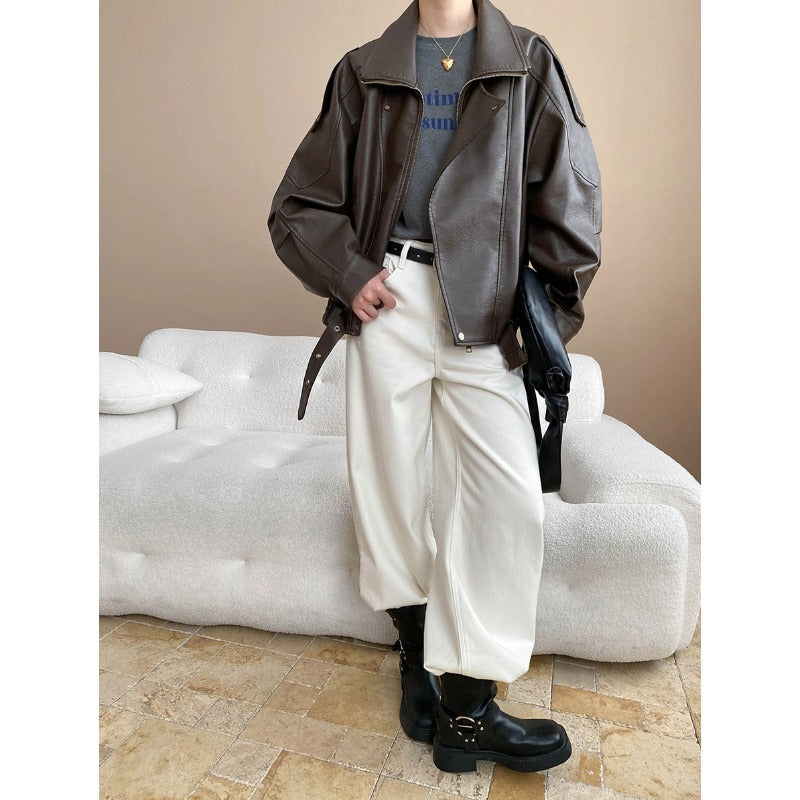 Veste en cuir Lapel Loose Biker style américain