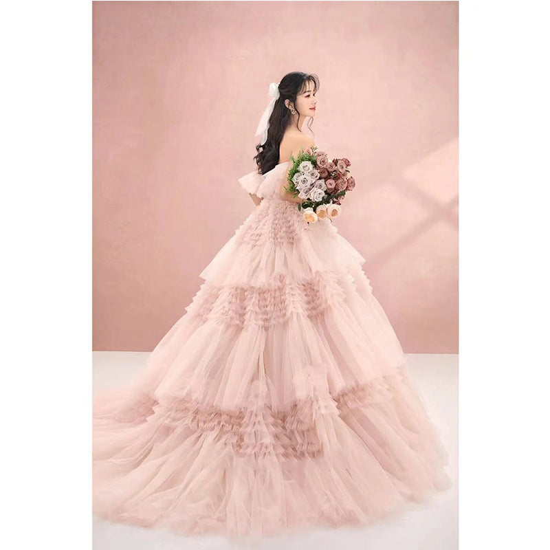 Photographie de rue Pettiskirt Couleur Mesh Tempérament Banquet Robe de mariée légère