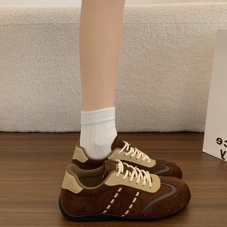 Femmes Retro Suede Mix Sneakers Color Block Pitching Détail Bas Top Dentelle Up Flat Trainers