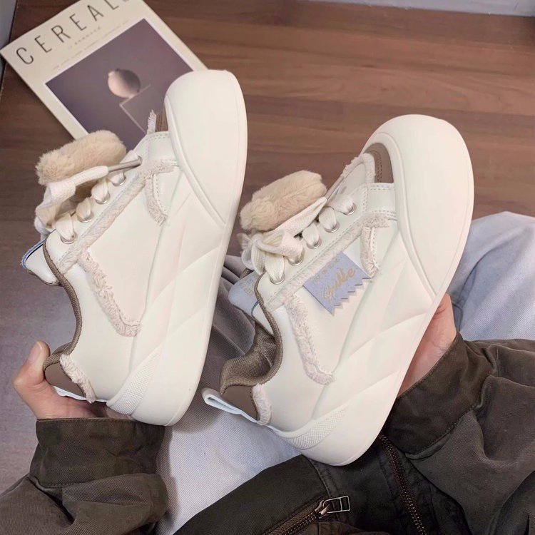 Femmes Kawaii Plush Bear Platform Sneakers Frayed Raw Edge Trim Color Block Splicing Round