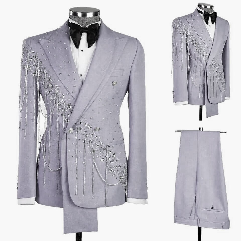 Peak Lapel Strass Tassel Embellished Double Breasted Tuxedo Ensemble à deux pièces