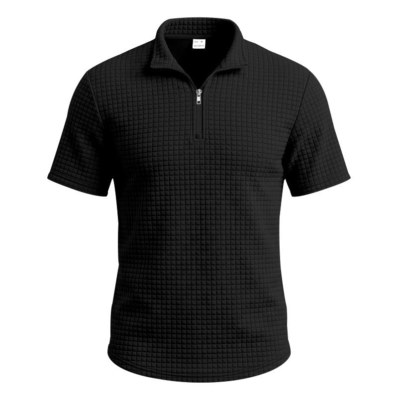 Homme Jacquard Plaid Relaxed-fit Stand-collar Polo manches courtes