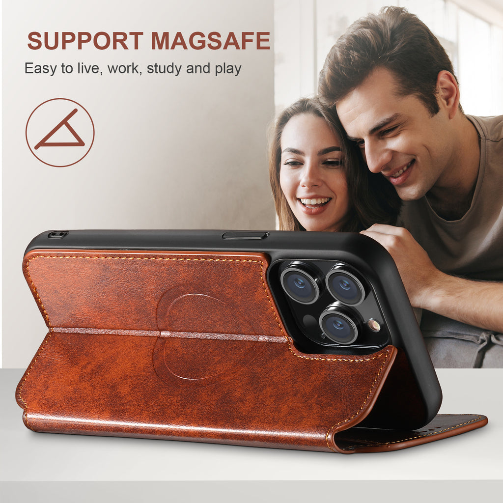 Boîtier de téléphone de protection sans fil de chargeur magnétique en cuir