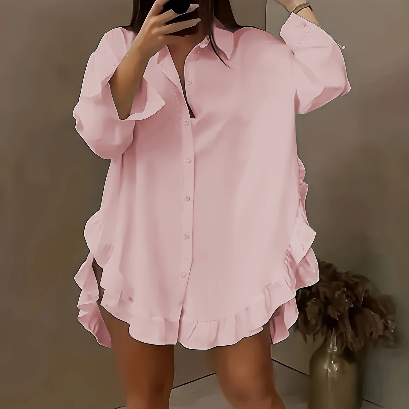 Chemise à l'ourlet de feuille de lotus en couleur solide pour femmes