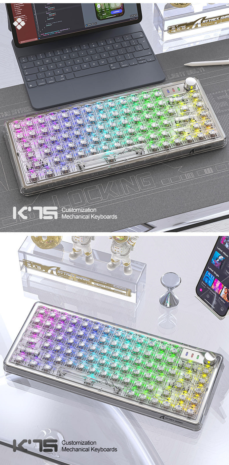 Shark d'attaque K75RGB Bouchon de joint transparent Bluetooth mécanique sans fil