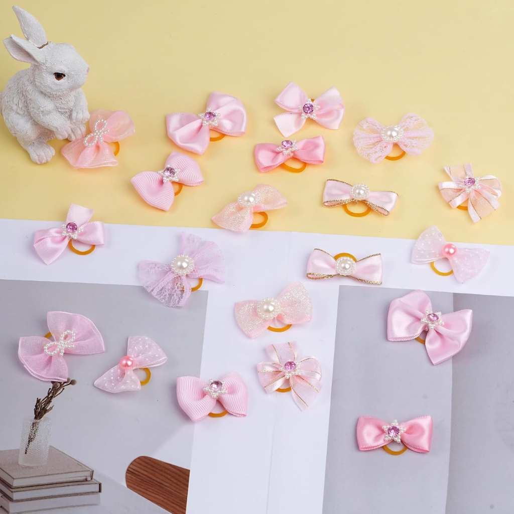 20 PCS Cute Dog Hair Bows with Rubber Bands Elastic Handmade Mix Style Dentelle Strass Pea
