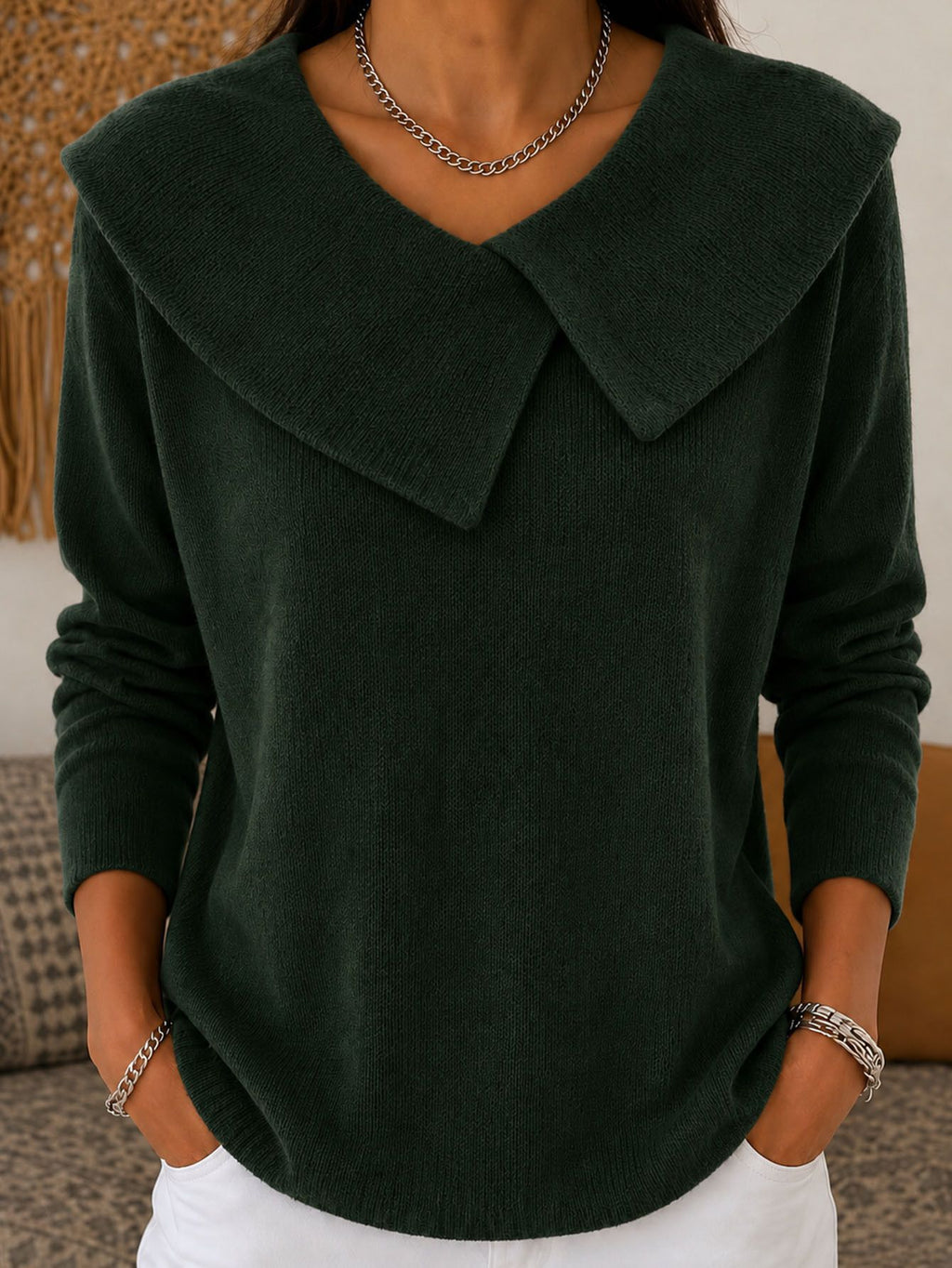 Slim-fit col V Sweater Versatile Solid-color Knit Top